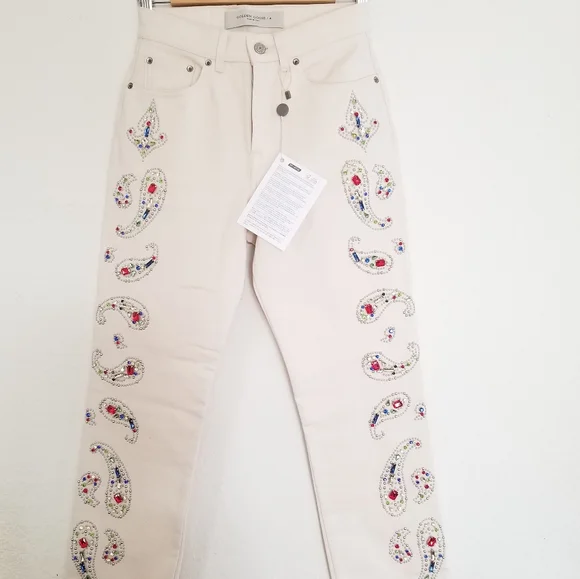 Golden Goose Texas Paisley Embroidery Ivory Straight Raw-Cut Crop Jeans … - Picture 5 of 14